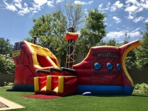 pirate ship combo rock climb, slide, and bounce house