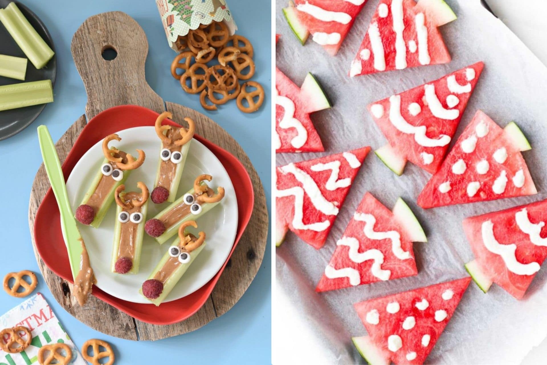 holiday snacks reindeer celery and watermelon shaped Christmas trees