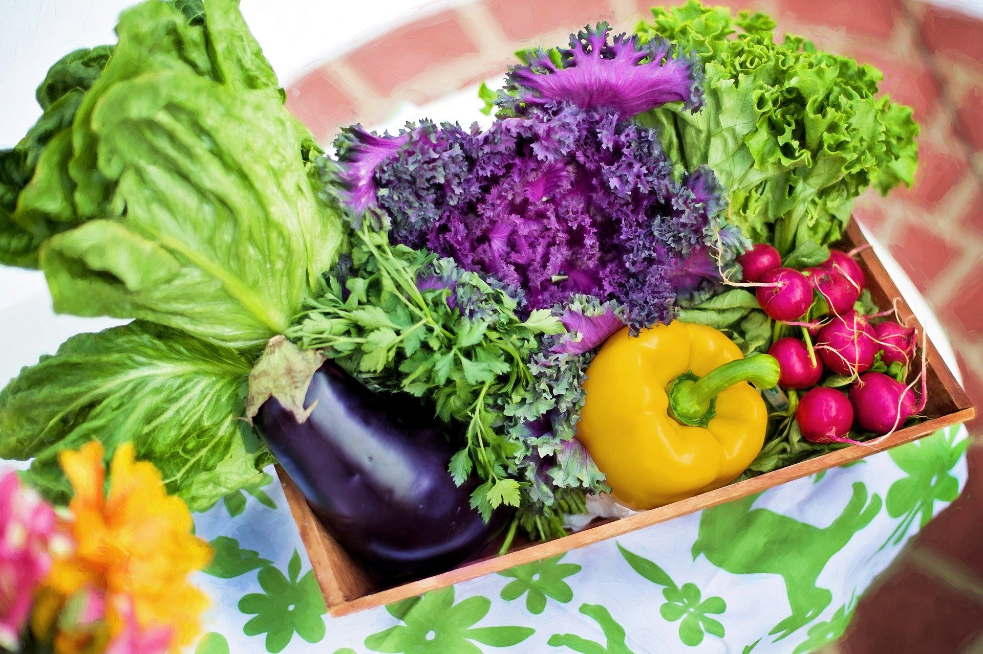basket full of garden grown vegetables inlcuding eggplants, peppers, radishes, lettuce, cabbage 