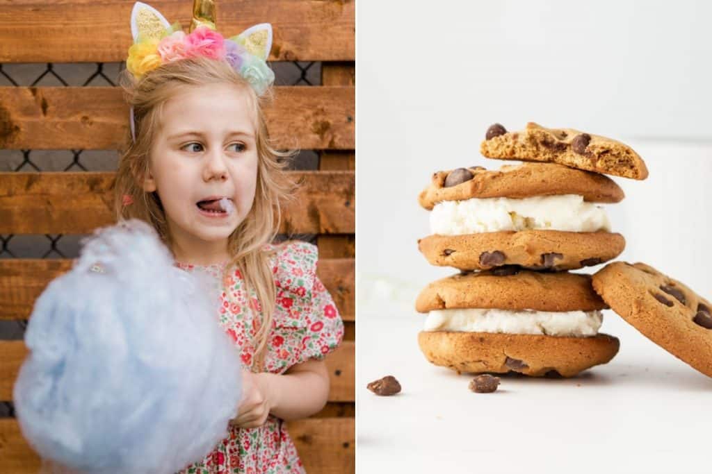 little girl at birthday party eating cotton candy and a pile of cookie ice cream sandwiches