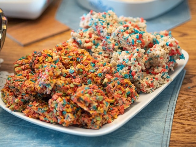 colorful homemade rice krispy treats for a birthday dessert