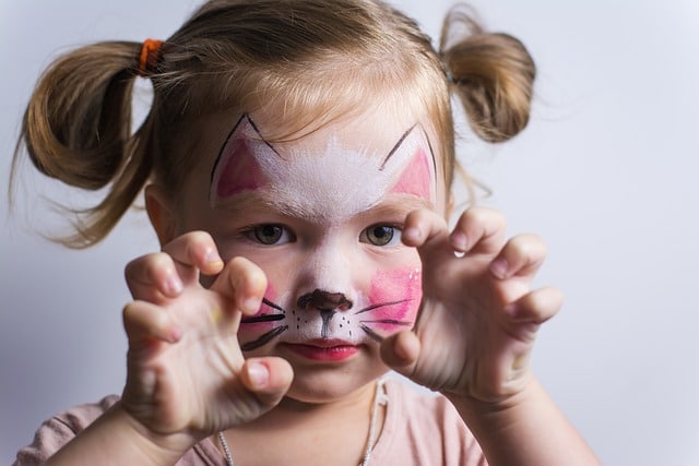 little girl with face painted like a cat